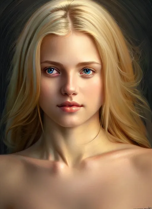 Image similar to beautiful feminine face!! portrait of young wife blessed by god with ever - increasing physical mental perfection, blonde, symmetrical! intricate, sensual features, highly detailed, divine holy perfection!! smile, digital painting, artstation, concept art, smooth, sharp focus, illustration, art by artgerm and greg rutkowski and alphonse mucha