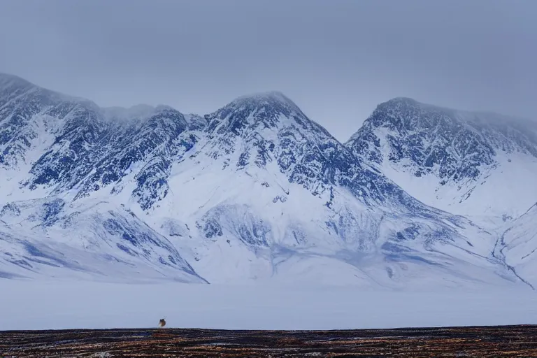 Prompt: arctic landscape wide angle, mountains fully covered in snow in the background, a tiger looking at the mountains, wide angle, 1 8 mm, depth of field, foggy, moody, atmospheric, by alexander calder