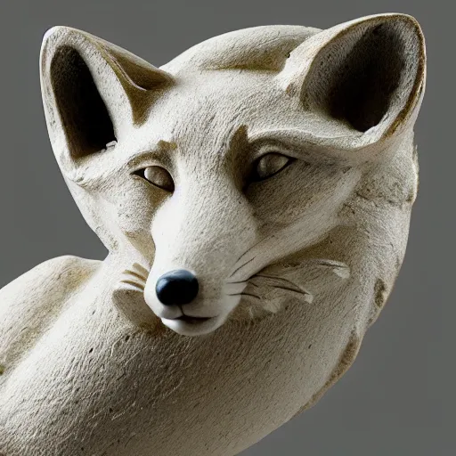 Image similar to A marble sculpture of a fox. Intricate detail, museum photo