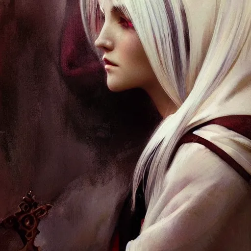 Image similar to portrait of a beautiful ethereal delicate meditative catholic bishopric sacred pose catholic steps of the cross, white hair with big black and red horn, intricate, elegant, highly detailed, digital painting, artstation, concept art, smooth focus et sharp, illustration, art by krenz cushart and artem demura and alphonse mucha