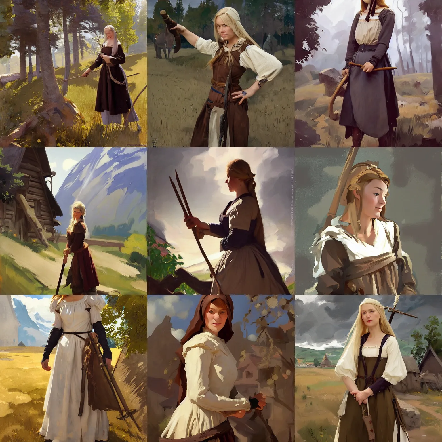 Prompt: portrait of medieval village finnish norway scandinavian wench in the field jodhpurs greg manchess painting by sargent and leyendecker, studio ghibli, fantasy, medium shot, asymmetrical, intricate, elegant, matte painting, illustration, hearthstone, by greg rutkowski, by greg tocchini, by james gilleard, by joe fenton