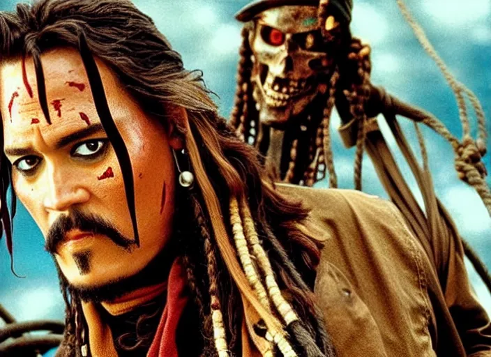 Prompt: Bruce Campbell playing Jack Sparrow in Pirates of the Caribbean, film still, 4k