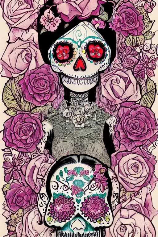 Image similar to Illustration of a sugar skull day of the dead girl, art by charles vess