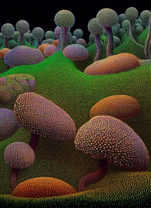 Image similar to hyper detailed 3d render like a Oil painting - polyp blossoms bring iridescent fungal flowers whose spores black the foolish stars in the middle of a dense black forest clearing, the night sky glows in a break above the trees, by Jacek Yerka, Mariusz Lewandowski, Houdini algorithmic generative render, Abstract brush strokes, Masterpiece, Edward Hopper and James Gilleard, Zdzislaw Beksinski, Mark Ryden, Wolfgang Lettl, hints of Yayoi Kasuma, octane render, 8k