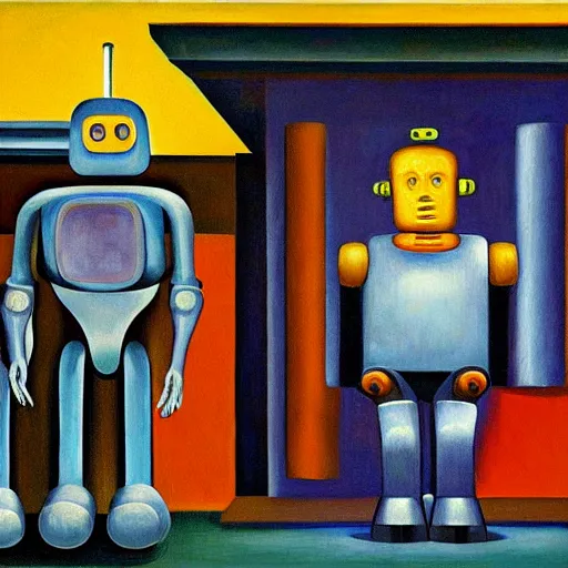 Image similar to disco robot monks, grant wood, pj crook, edward hopper, oil on canvas