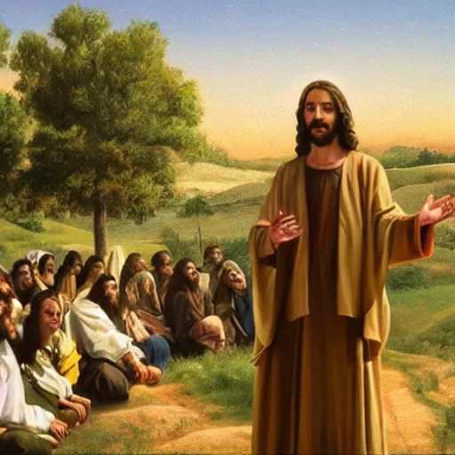 Prompt: Jesus preaching on a hill