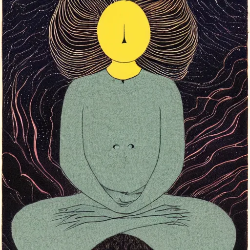 Image similar to by edward gorey, by andy kehoe graphic design extemporaneous. a drawing of a man with a large head, sitting in a meditative pose. his eyes are closed & he has a serene look on his face. his body is made up of colorful geometric shapes & patterns that twist & turn in different directions.