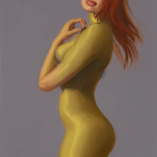 Prompt: a painting of a female in skintight dress. by randolph hewton and edward robert hughes. trending on artstation, highly detailed