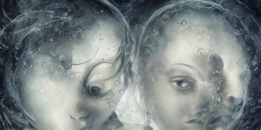 Image similar to hyperrealistic solarpunk photography of a highly detailed and symmetrical gorgeous andriod nymph looking upwards through bubbles in the style of beth cavener, jin kagetsu, james jean and wlop, face symmetry, masterpiece, award - winning, sharp focus, intricate concept art, ambient lighting, 8 k, artstation