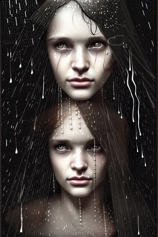 Prompt: portrait of a girl in the upside down rain with wet hair and face, fantasy, intricate, elegant, dramatic lighting, emotionally evoking symbolic metaphor, highly detailed, lifelike, photorealistic, digital painting, artstation, concept art, smooth, sharp focus, illustration, art by John Collier and Albert Aublet and Krenz Cushart and Artem Demura and Alphonse Mucha