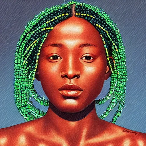 Image similar to “sango God of thunder plaited beads hair cowry Nigerian lightning facial details proportionate dark skinned symmetrical digital art oil painting Edward hooper”