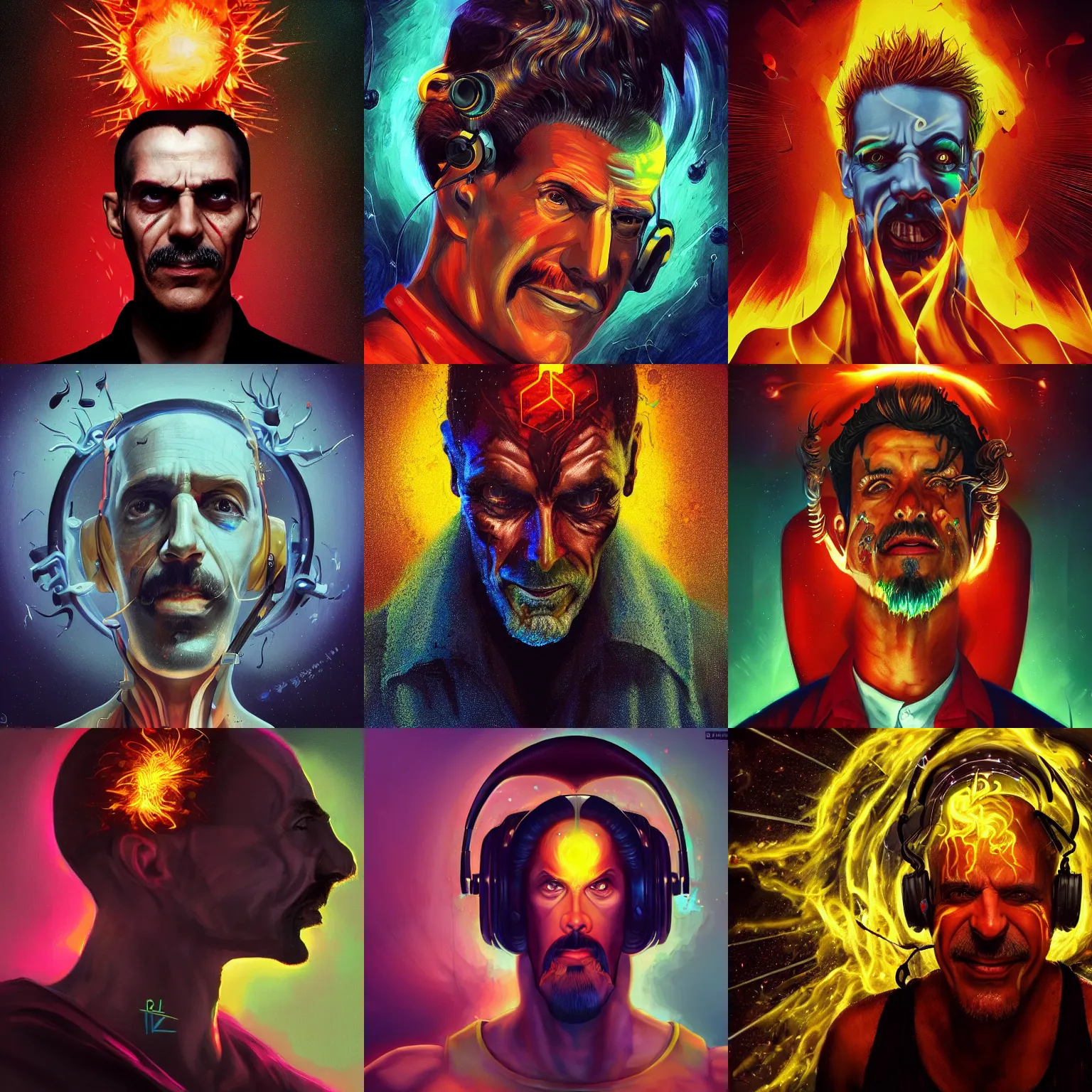 Prompt: A man with evil music exploding out of his head, cinematic lighting, soft bokeh, sci-fi, modern, colorful, highly detailed, digital painting, artstation, concept art, sharp focus, illustration, by rambrandt and caravaggio, frank zappa album art style