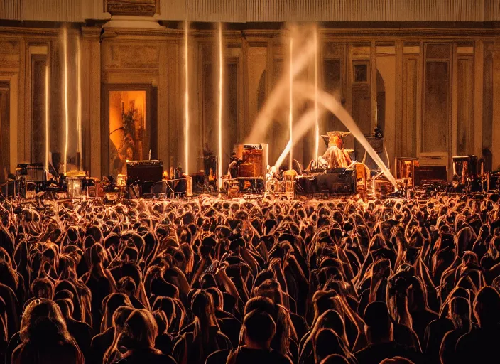 Image similar to a high resolution photograph of sunn o ) ) ) playing live at the vatican with monk robes, smoke machines, huge walls of amplifiers, many amplifiers stacked high, ornate