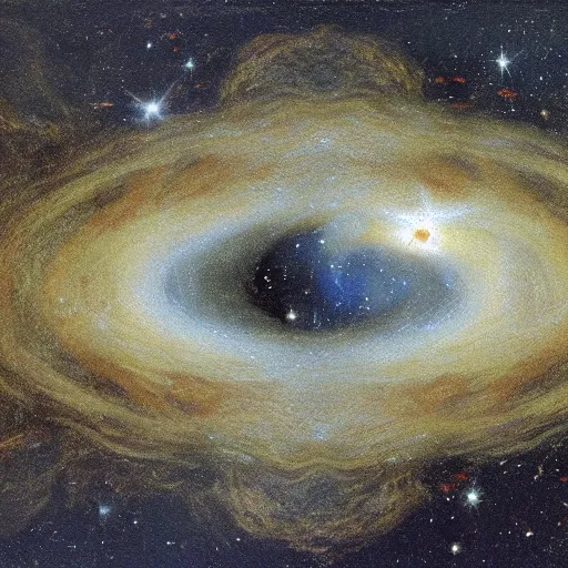 Prompt: a painting by Leonardo Da Vinci of two galaxies colliding