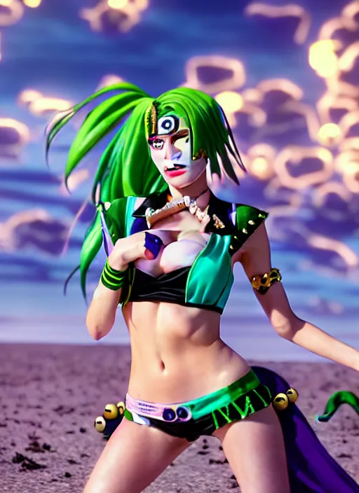 Image similar to cinematic scene with bella thorne as jolyne from jojo's bizarre adventure, stone ocean, dramatic, small details, volumetric lighting, still frame