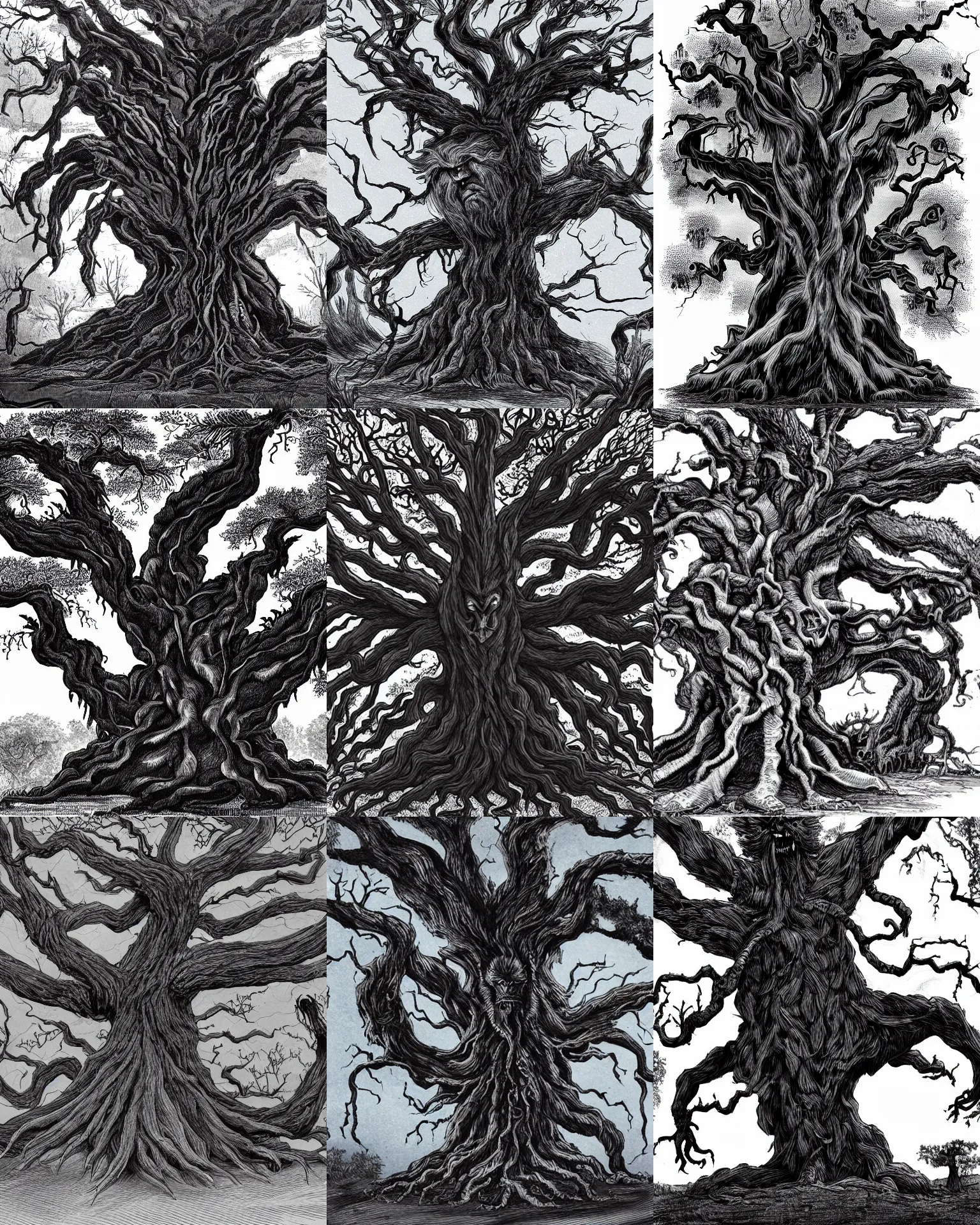 Prompt: an illustration of an ancient oak tree possessed by a dark entity and transformed into a beast