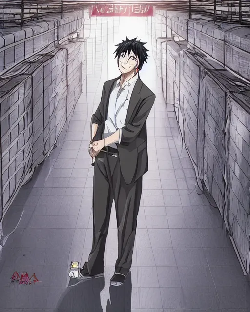 Prompt: Digital state-sponsored anime art of Satoshi Nakamoto by A-1 studios, serious expression, empty warehouse background, highly detailed, spotlight