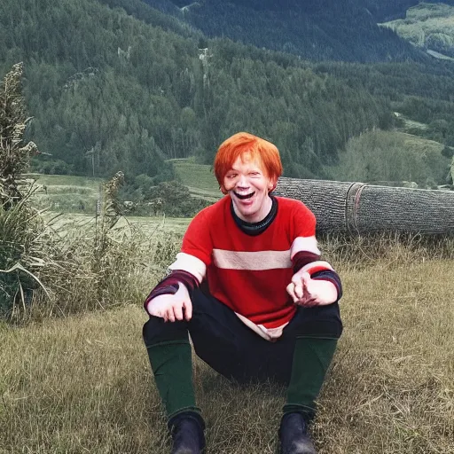 Image similar to ronald weasley, as a bavarian, enjoying the foothills, photo realistic, happy.