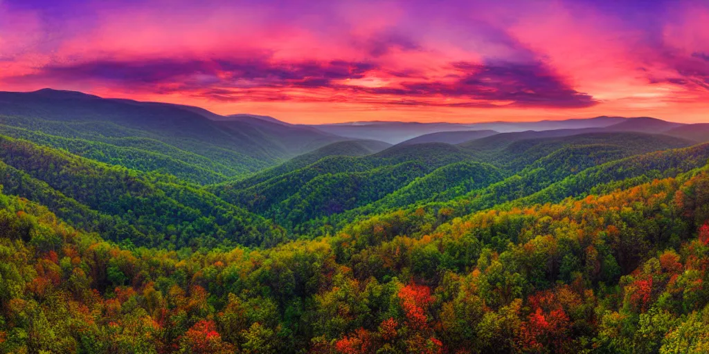 Image similar to a modern digital painting of the appalachian mountains panoramic, bright, summer, wide - angle purple hues sunset