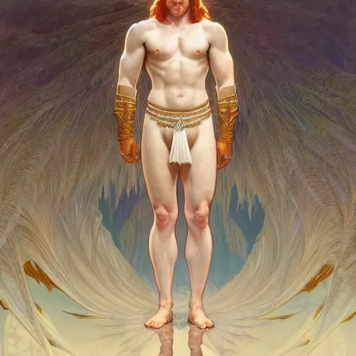 Image similar to panoramic view, beautiful natural male ginger angel wearing a white loincloth, intricate, elegant, highly detailed, digital painting, artstation, concept art, smooth, sharp focus, illustration, art by artgerm and greg rutkowski and alphonse mucha and loish and WLOP