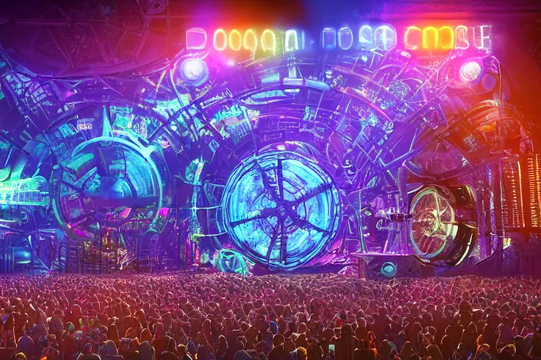Image similar to an outdoor festival stage with audience, big 3 d letters tripmachine, center of the stage is a big futuristic steampunk machine with gears and belts and tubes, surrounded by big screens and loudspeakers, rock musicians on the stage, laser show, 8 k, fluorescent colors, halluzinogenic, multicolored, exaggerated detailed, unreal engine