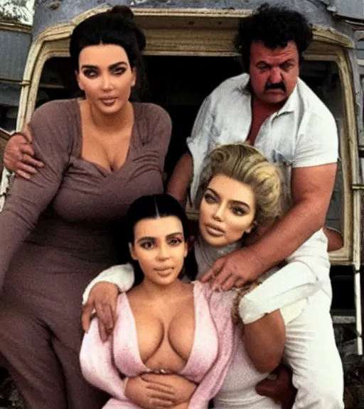 Prompt: Pablo Escobar cuddling kim kardashian & kylie Jenner inside a derelict motorhome