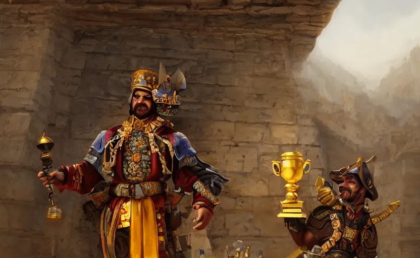Image similar to smiling spanish conquer soldier holding golden cup on a inca temple, game character concept art, wide view, high detailed, full perfect, symmetrical portrait, high detail, by craig mullins, peter mohrbacher, unreal engine, octane rendered, 8 k, dark beauty, trending on artstation