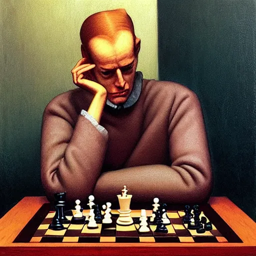 Image similar to Portrait of a British King playing chess, Edward Hopper and James Gilleard, Zdzislaw Beksinski, Mark Ryden, Wolfgang Lettl highly detailed, hints of Yayoi Kasuma