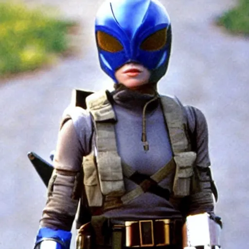 Image similar to Meg Ryan is a soldier fighting in the battlefield dressed as a power ranger