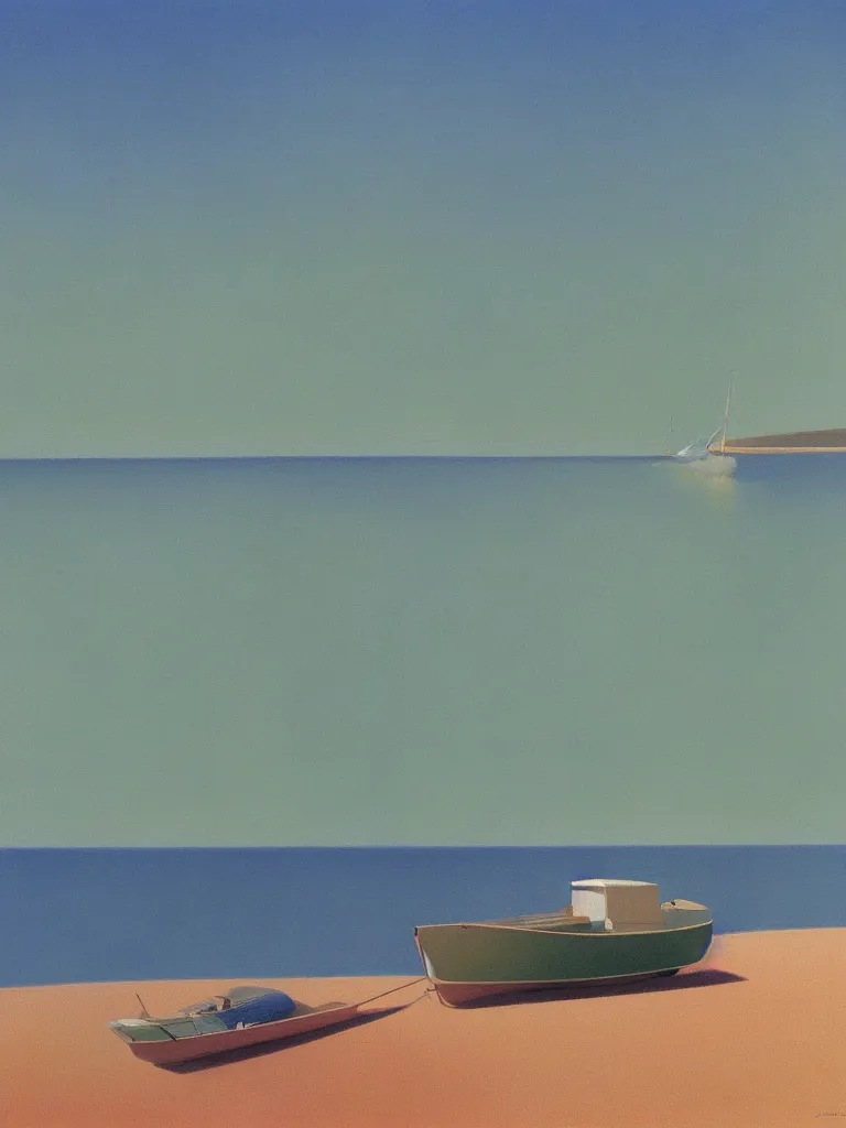 Prompt: a neo retro poster a boat near dune du Pilat, australian tonalism, pale gradients design, matte drawing, clean and simple design, outrun color palette. painted by Morandi, Agnes Pelton