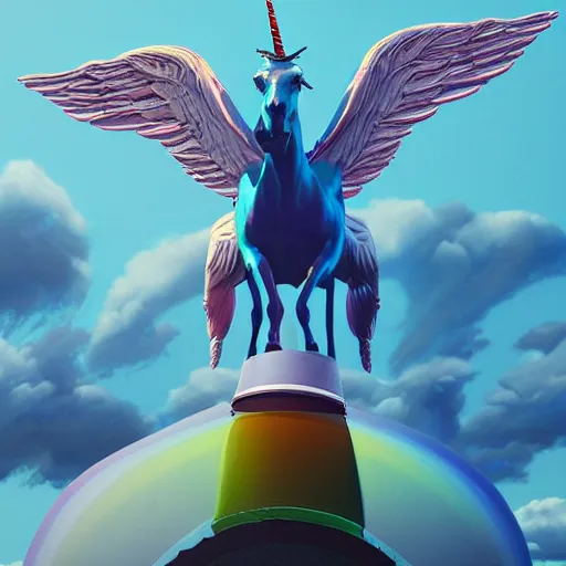 Prompt: jeff goldblum riding a winged unicorn, art by beeple, hyperrealistic