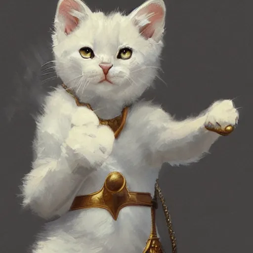 Image similar to A cute heraldic white kitty cat queen posing with one paw pointing slightly up, D&D, fantasy, intricate, cinematic lighting, highly detailed, digital painting, artstation, concept art, smooth, sharp focus, illustration, art by Akihiko Yoshida, Greg Rutkowski and Alphonse Mucha