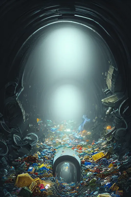 Image similar to , Tunnel made of trash, end of tunnel an image of a clean brightly lit room, fantasy, intricate, elegant, highly detailed, digital painting, artstation, woamn is curved, concept art, smooth, sharp focus, illustration, art by Ilja Repin