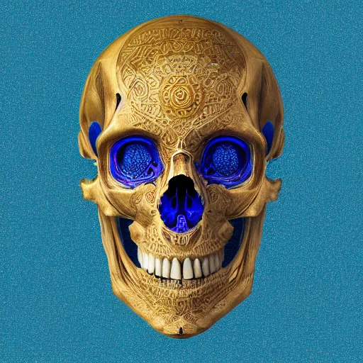 Image similar to hyperdetailed robotic skeleton head with blue human eyes, human eyes, symetry, golden ratio, iconography, intricate, detailed, volumetric lighting, scenery, digital painting, highly detailed, artstation, sharp focus, illustration, artstation, detailed vectorart