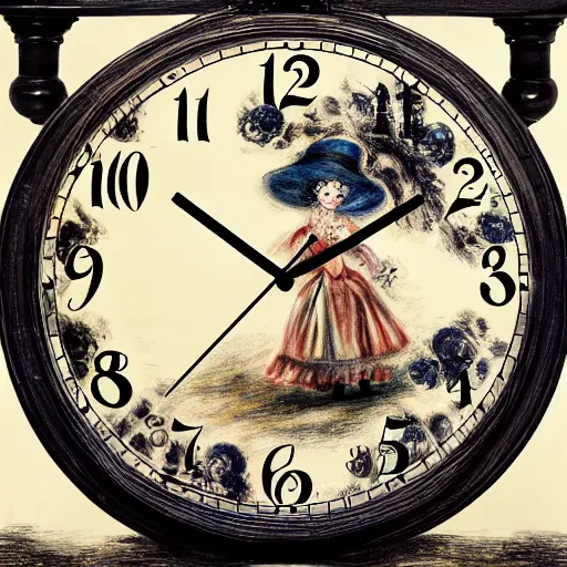 Prompt: Alice in Wonderland,Clock,Rose twining,out of time and space,dreamy, eternity, romantic,highly detailed,in the style of Pierre-Auguste Renoir, night lighting