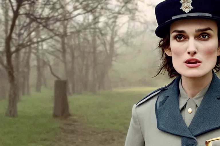 Image similar to wide-shot of kiera knightly/winona ryder as a constable in a movie directed by Wes Anderson, symmetrical shot, idiosyncratic, relentlessly detailed, pastel colour palette, detailed perfect face, movie still frame, promotional image, imax 70mm footage