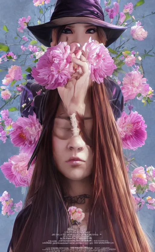 Image similar to bestselling movie poster, official media,a cinematic beautiful closeup moment of saying goodbye wearing boho poncho and sunhat with peonies, full body portrait and simple form, brutal shapes, shaman, pixiv, 1970s fashion, official anime media, cinematic lighting, artstation consept artwork by doja cat, charlie bowater, waterhouse, ,greg rutkowski, wong kar wai