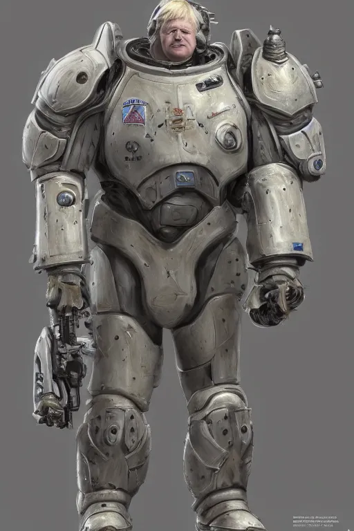 Image similar to portrait of boris johnson in starcraft terran marine power armor, concept art by wayne reynolds, high quality 3 d render hyperrealist very cute muted color fluffy! highly detailed, vray smooth, soft indoor light, low angle, uhd 8 k, sharp focus