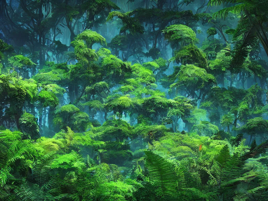 Image similar to a beautiful otherworldly fantasy landscape of dense lush ferns and evergreen trees in hyper detail like the pacific northwest, vivid glowing colors, extreme detail, studio ghibli and pixar and abzu, rendering, cryengine, deep colors, aerial perspective, epic scale, vray render, cgsociety