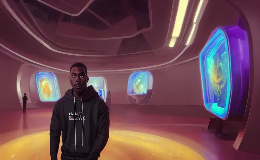 Image similar to portrait of handsome black genius wearing a hoodie in front several curved holographic displays, luxury condo interior, elegant atmosphere, glowing lights, highly detailed, digital painting, artstation, concept art, smooth, sharp focus, illustration, art by wlop, mars ravelo and greg rutkowski