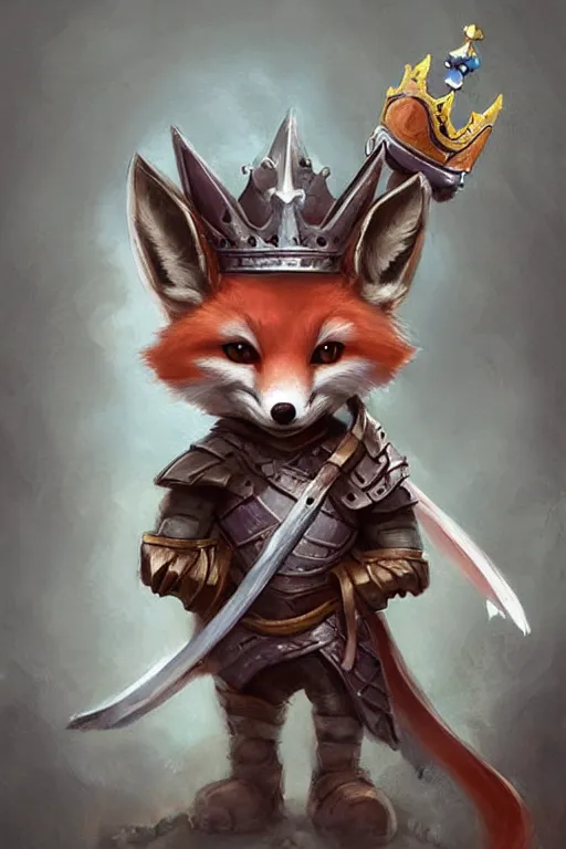 Image similar to cute little anthropomorphic foxy knight wearing a cape and a crown, tiny, small, miniature fox, baby animal, short, pale blue armor, cute and adorable, pretty, beautiful, DnD character art portrait, matte fantasy painting, DeviantArt Artstation, by Jason Felix by Steve Argyle by Tyler Jacobson by Peter Mohrbacher, cinematic lighting