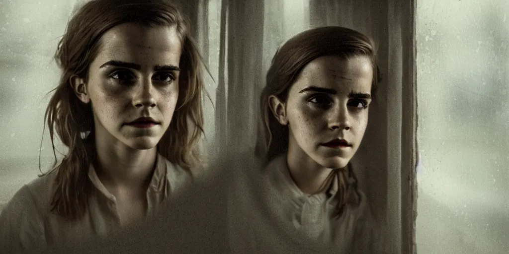 Prompt: portrait bust of emma watson, solemn expression, faded color film, russian cinema, tarkovsky, kodachrome, old cabin, next to window, heavy forest outside, long brown hair, old clothing, heavy fog, hudson river school, 4 k, dramatic lighting, greg rutkowski