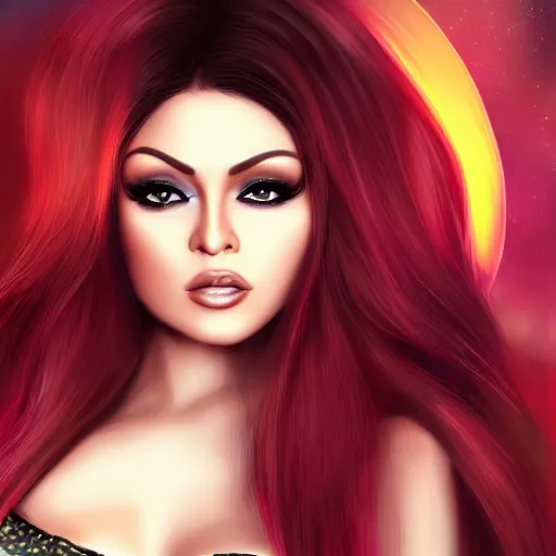 Image similar to portait haifa wehbe, centred, very long hair, hd, unreal engine, art digital painting, qin's moon style, amazing background theme