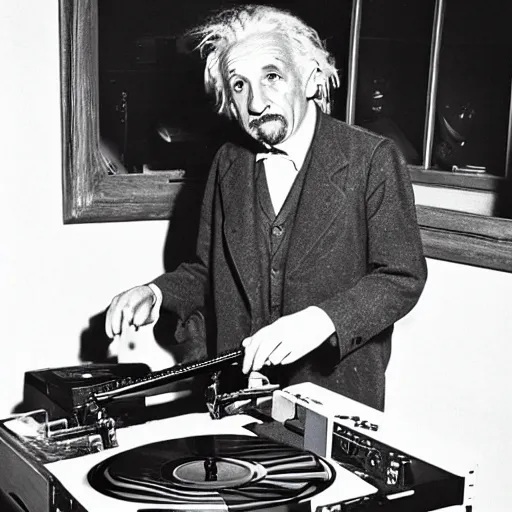 Image similar to photo of Albert Einstein DJing a record player, vintage, highly detailed facial features