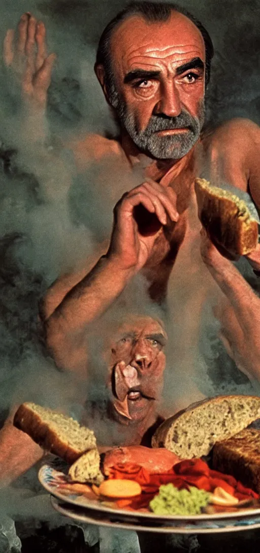 Prompt: an 8 0 mm color macro hi def picture of sean connery as zardoz as he's accessing third eye second level during his 9 6 6 th birthday party along with female friends. everything is of the second level including plates of green bread and hams on the isle of kun lao. volumetric lighting with picoso hotdogs. atmospheric. scary fog national geographic.