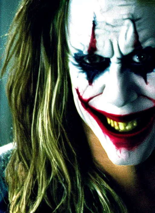 Prompt: film still of Jennifer Aniston as The Joker in The Dark Knight, 4k