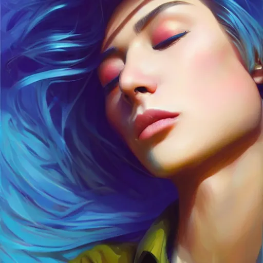 Image similar to electric woman with eyes closed, cute - fine - face, pretty face, oil slick hair, realistic shaded perfect face, extremely fine details, realistic shaded lighting, dynamic background, artgerm, 8 k ultra realistic, highly detailed, art by sylvain sarrailh, alena aenami, jeremy lipkin, michael garmash, ando tadao, kan liu