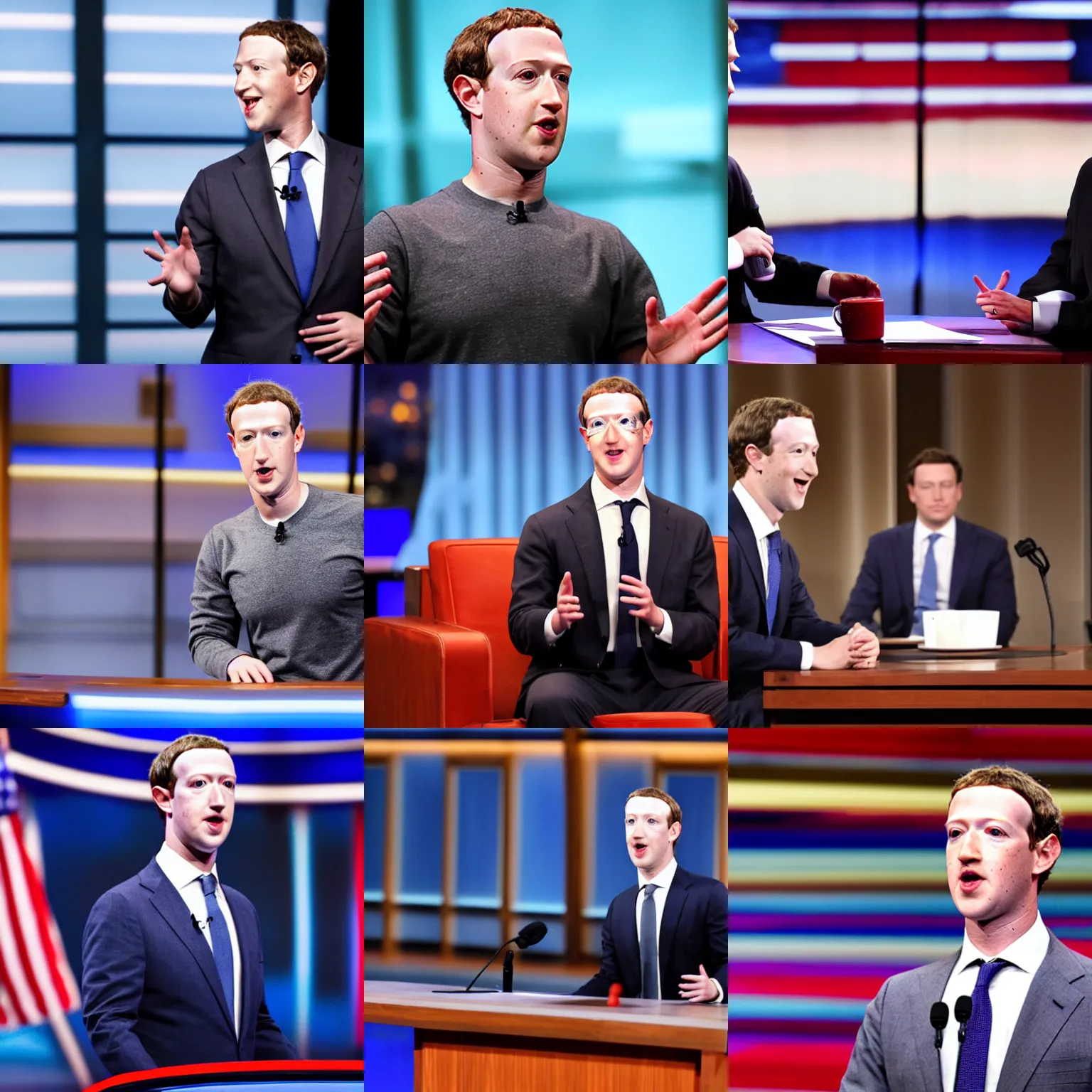 Prompt: mark zuckerberg as the head of a late night political talk show