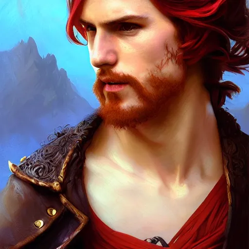 Image similar to portrait of a young pirate captain, male, masculine, handsome, upper body, red hair, long hair, cheerful, D&D, fantasy, intricate, elegant, highly detailed, digital painting, artstation, concept art, sensual, cinematic lighting, cutscene, sharp focus, illustration, art by Artgerm and Greg Rutkowski and Alphonse Mucha