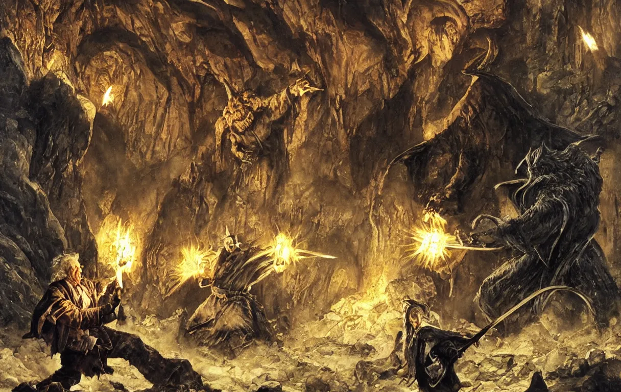 Image similar to gandalf the grey fighting a balrog in the mines of moria, oil painting by Norman Rockwell